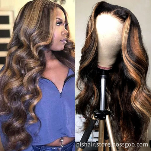 1B/30 Gradient Wavy Lace Forehead Brown Bright Color T Part Lace Real Human Hair Wig, 13X1T Lace Brown Gold Wig, 150% Density